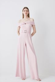 Petite Structured Crepe Off The Shoulder Belted Wide Leg Jumpsuit at Karen Millen